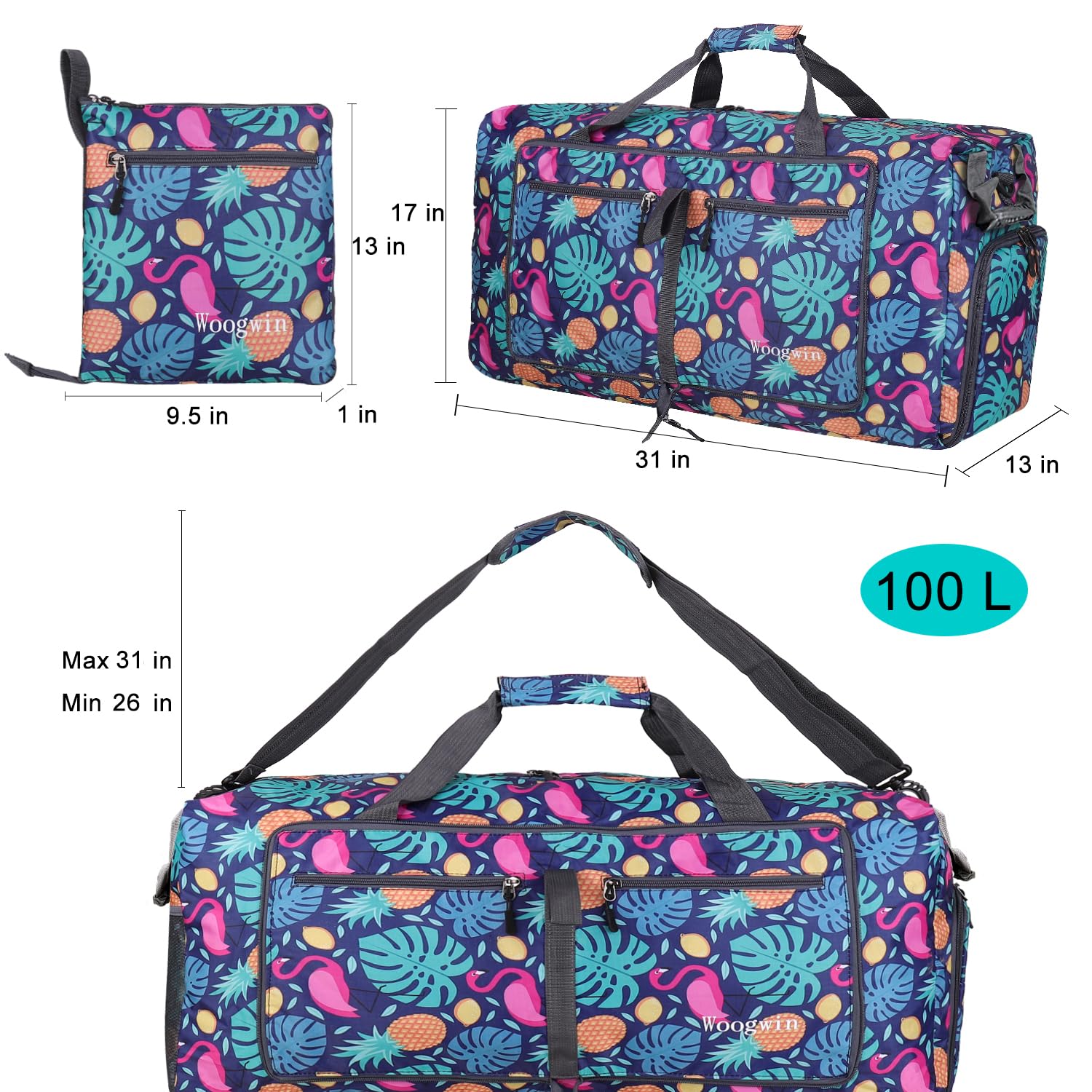 Woogwin Large Foldable Waterproof Travel Duffel Bag - 100L Pineapple Design for Gym, Sports, Beach & Pool | Perfect for Overnight Trips, Swimming Gear & Workout Essentials