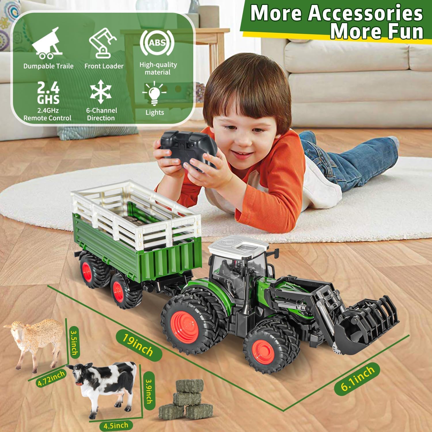 2.4GHz Remote Control Tractor Toy Set for Kids Ages 3-7 - Farm Vehicle with Trailer, Loading Arm & LED Lights - Includes Farm Animals (Cows, Sheep) & Hay Bales - Perfect for Indoor/Outdoor Play, Birthday Gifts & Educational Farm Role-Playing