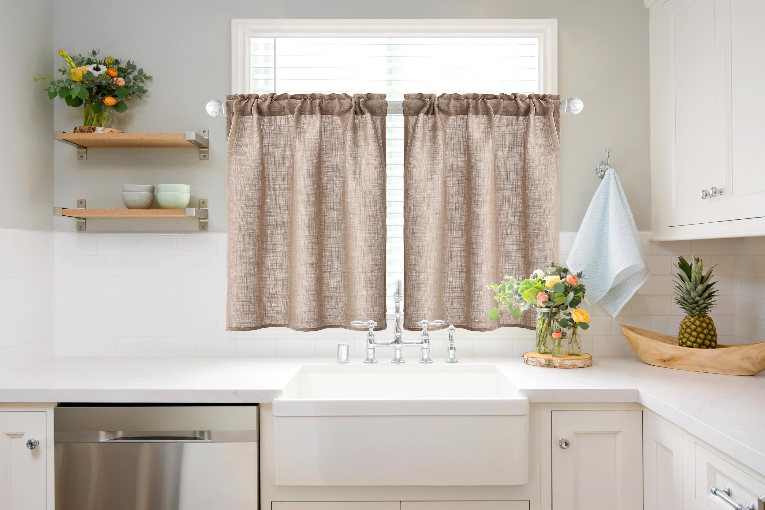MIULEE Semi-Sheer Cafe Curtains 30 Inch Length - Rustic Linen Kitchen Window Curtains for Over Sink, Bathroom & Basement - Rod Pocket Tier Curtains 2 Panels (26x30 Inches, Taupe) - Perfect for Farmhouse, Cottage & Country Style Homes