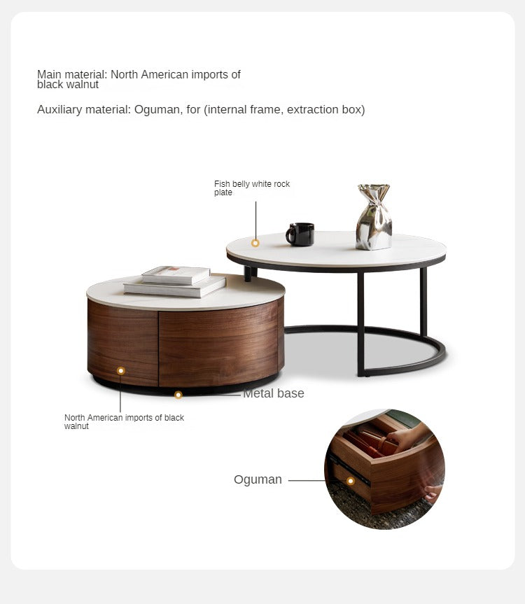 Premium Black Walnut Solid Wood Round Coffee Table - Modern Luxury Rock Plate Design for Living Room, Lounge & Office Decor