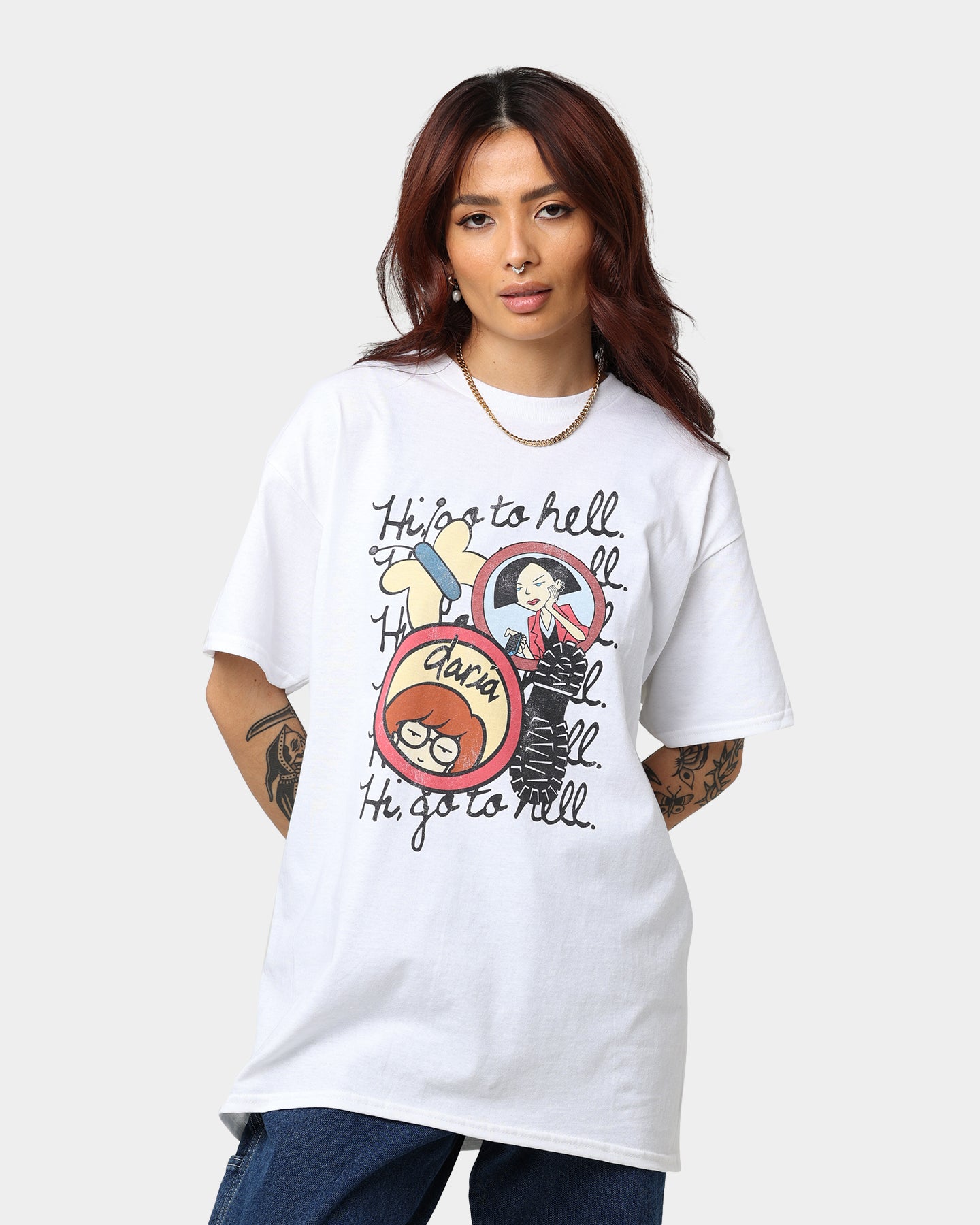 American Thrift X Daria Go To Hell Graphic T-Shirt - White Cotton Tee for Women | Casual Streetwear, Retro 90s Style, Pop Culture Fashion