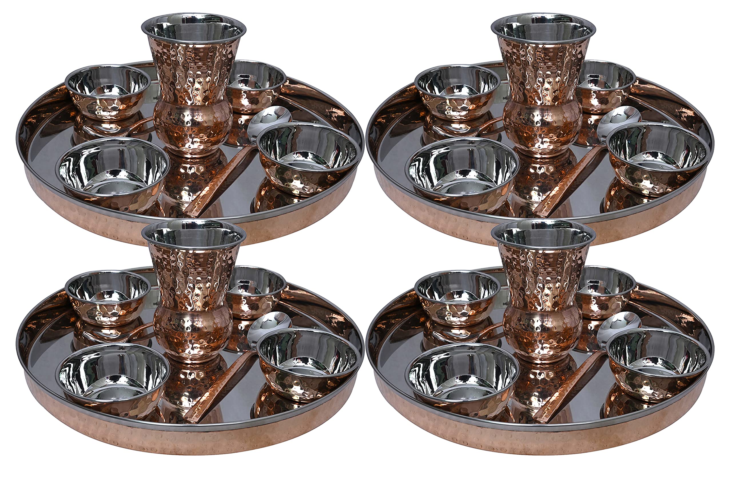 4-Piece Stainless Steel & Copper Traditional Thali Dinnerware Set - 12-Inch Plate, Bowls, Glass & Spoon | Indian Cuisine Serving Set for Home, Restaurants & Festive Occasions