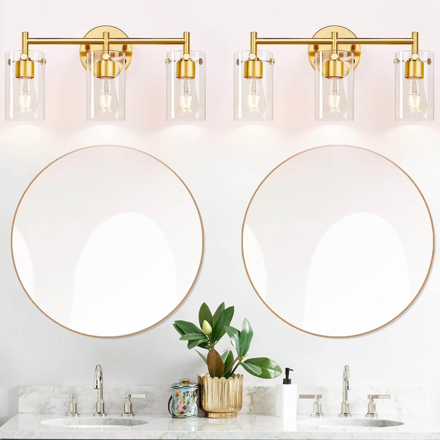 2023 Upgraded 3-Light Brushed Gold Bathroom Vanity Light with Clear Glass Shade - Modern Gold Bathroom Lighting Fixtures for Mirror, Bedroom, Living Room & Hallway - Perfect for Home Decor and Ambient Lighting