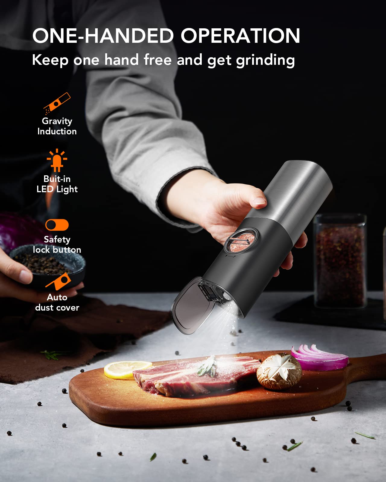 FORLIM Gravity Electric Salt and Pepper Grinder Set - USB Rechargeable, Adjustable Coarseness, Large Capacity, One-Hand Operation with LED Light (Stainless Steel Grey) - Perfect for Kitchen, Dining Table, Camping & Travel