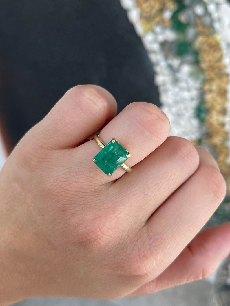5.39ct 14K Natural Emerald Cut Solitaire Engagement Ring - Four Prong Half Bezel Setting in Yellow Gold for Wedding, Proposal & Anniversary Gifts