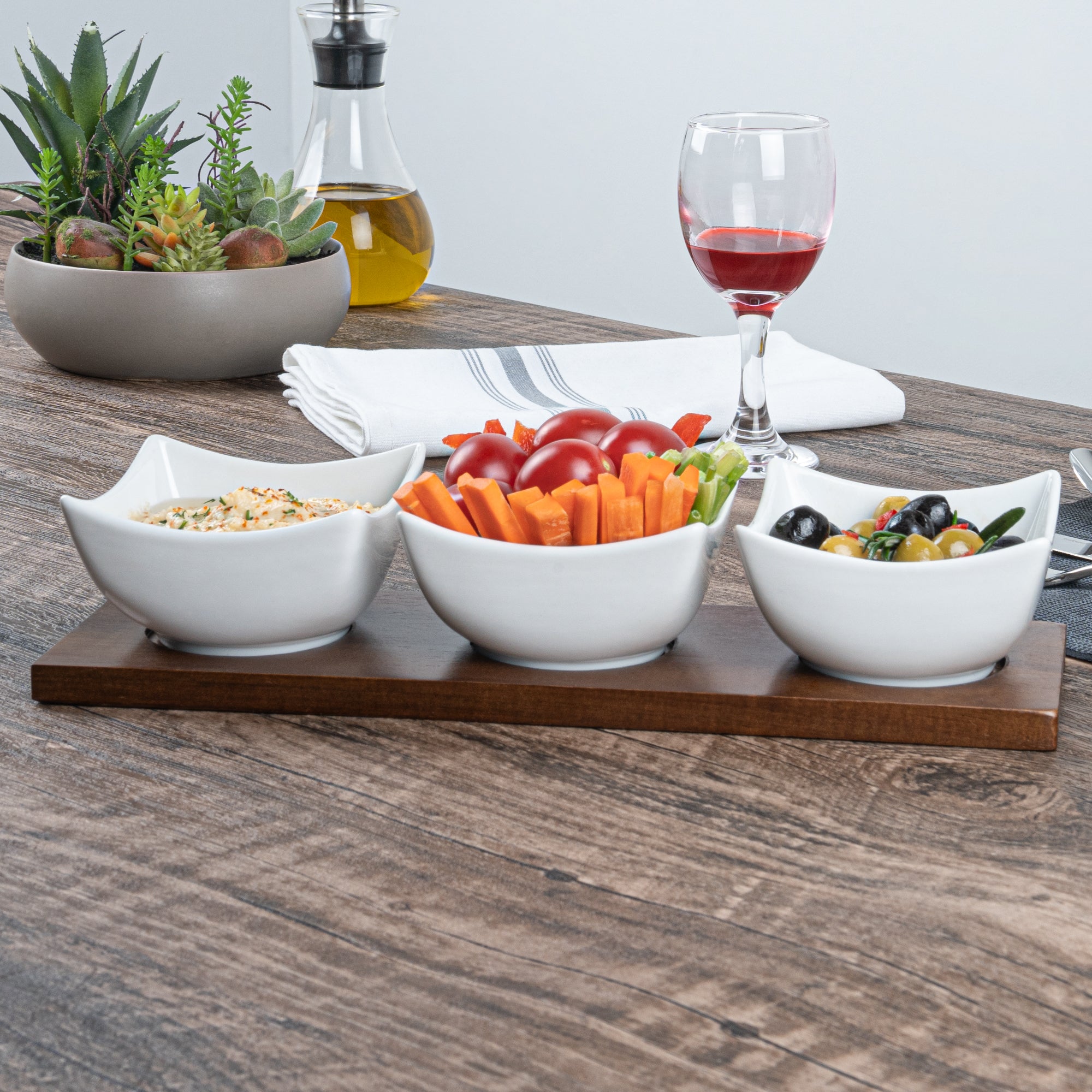 15 oz White Porcelain Cocktail Bowl Set with Bamboo Tray - 3 Rectangle Bowls (12x4x2.5 Inches) for Appetizers, Sushi & Party Snacks - Premium Dinnerware for Home & Restaurant Use