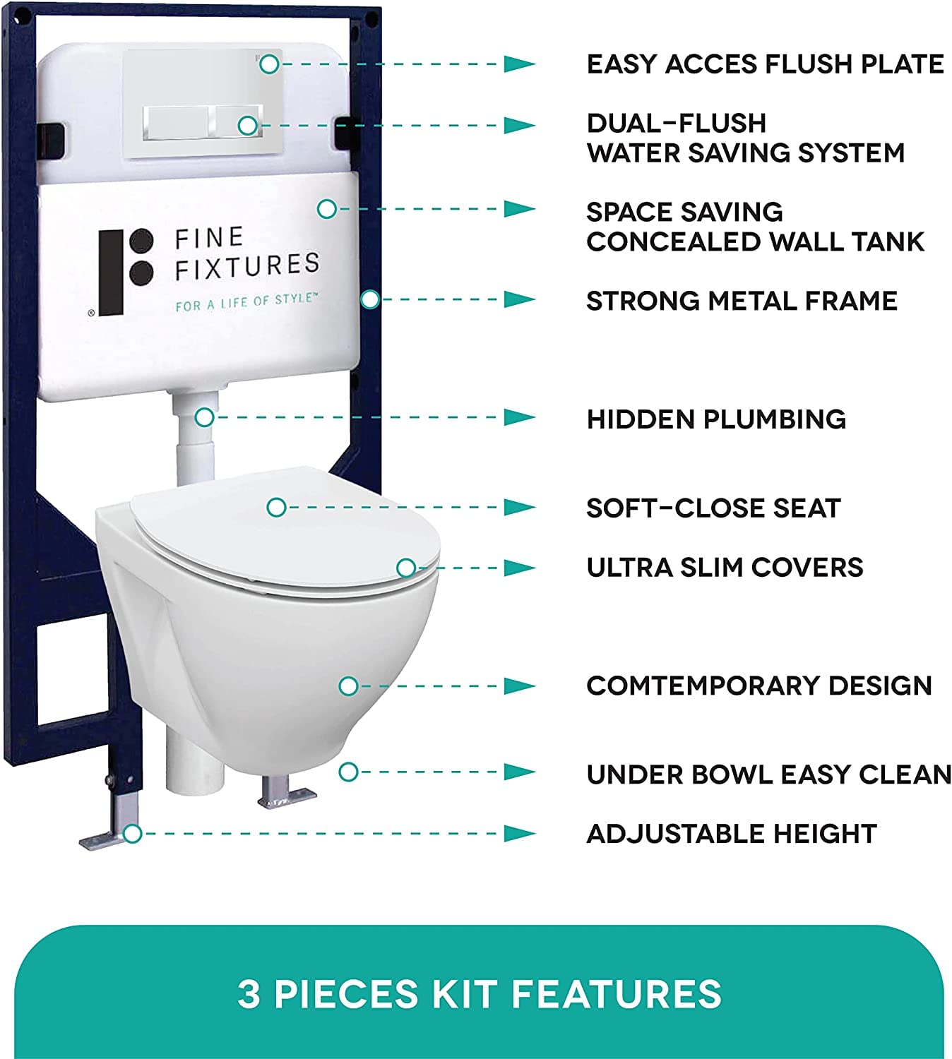 Wall-Mounted Toilet Set with Soft-Close Seat & Concealed Tank System - Modern In-Wall Toilet Combo with Push Button Flush for Space-Saving Bathrooms, Perfect for Small Bathrooms and Contemporary Home Designs