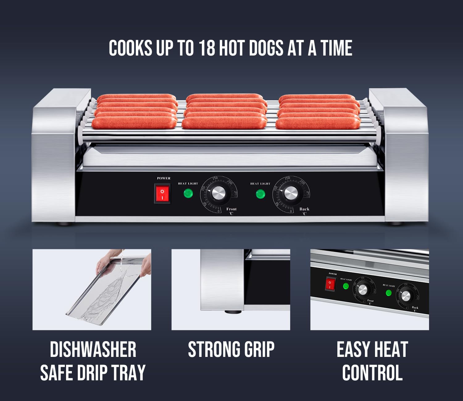 Commercial Grade SYBO Hot Dog Roller - 18 Hot Dog 7 Roller Grill Cooker Machine with Removable Stainless Steel Drip Tray, 1000-Watts - Perfect for Restaurants, Food Trucks, and Outdoor Events
