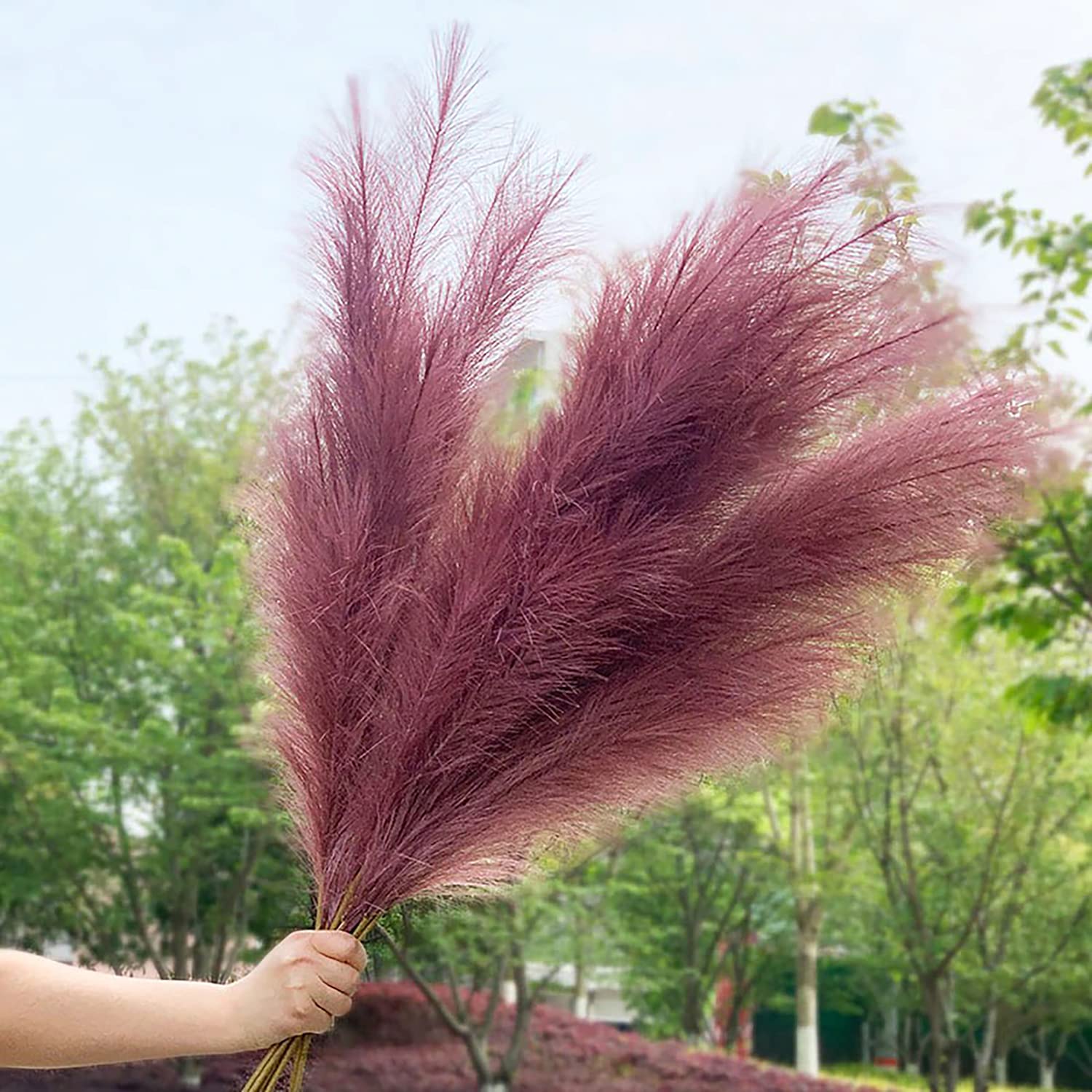 48 Inches (4 FT) Artificial Pampas Grass - 5 Large Stems with Bunny Tails - Faux Dried Flowers for Floor Vases - Boho Home Decor & Wedding Centerpieces - Perfect for Living Room, Bedroom, or Event Decoration (Red Wine Color)
