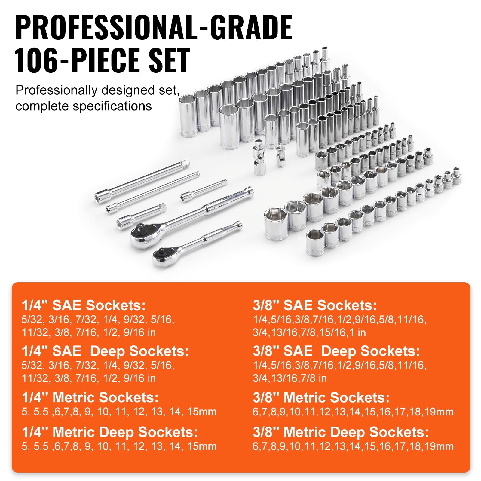 VEVOR 106-Piece Socket and Ratchet Set - 1/4