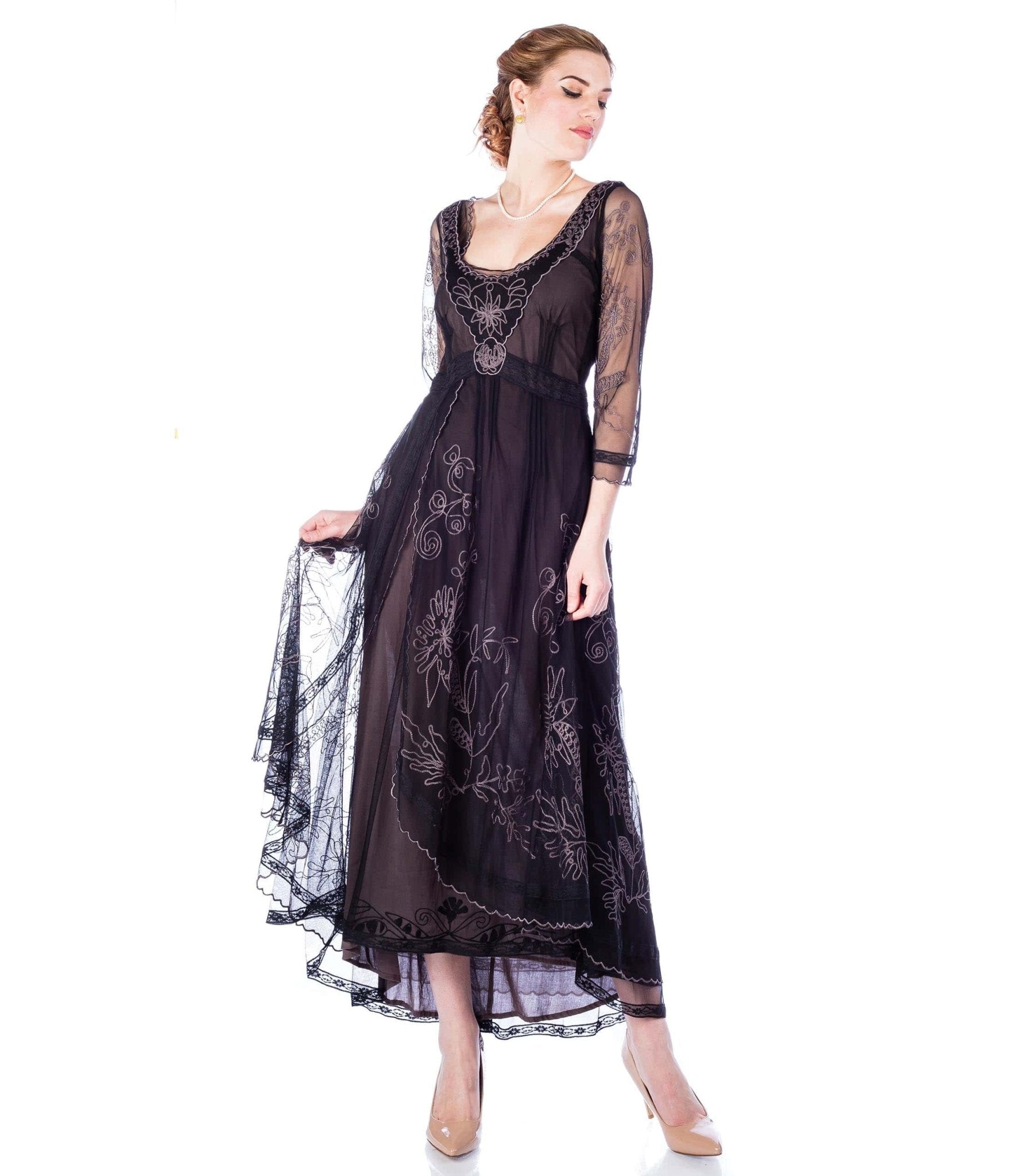 Nataya Black Embroidered Tulle Downton Abbey Edwardian Tea Party Dress - Vintage Inspired Formal Gown for Costume Parties, Weddings & Special Occasions