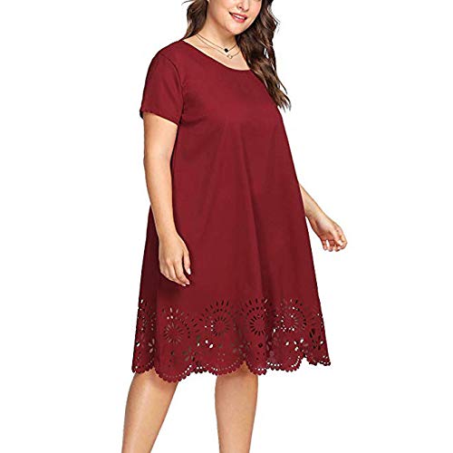 Plus Size Casual Short Sleeve Hollow Out O-Neck Solid Dress for Women - Birthday Party, Summer Outfits, Beach Wear & Everyday Fashion