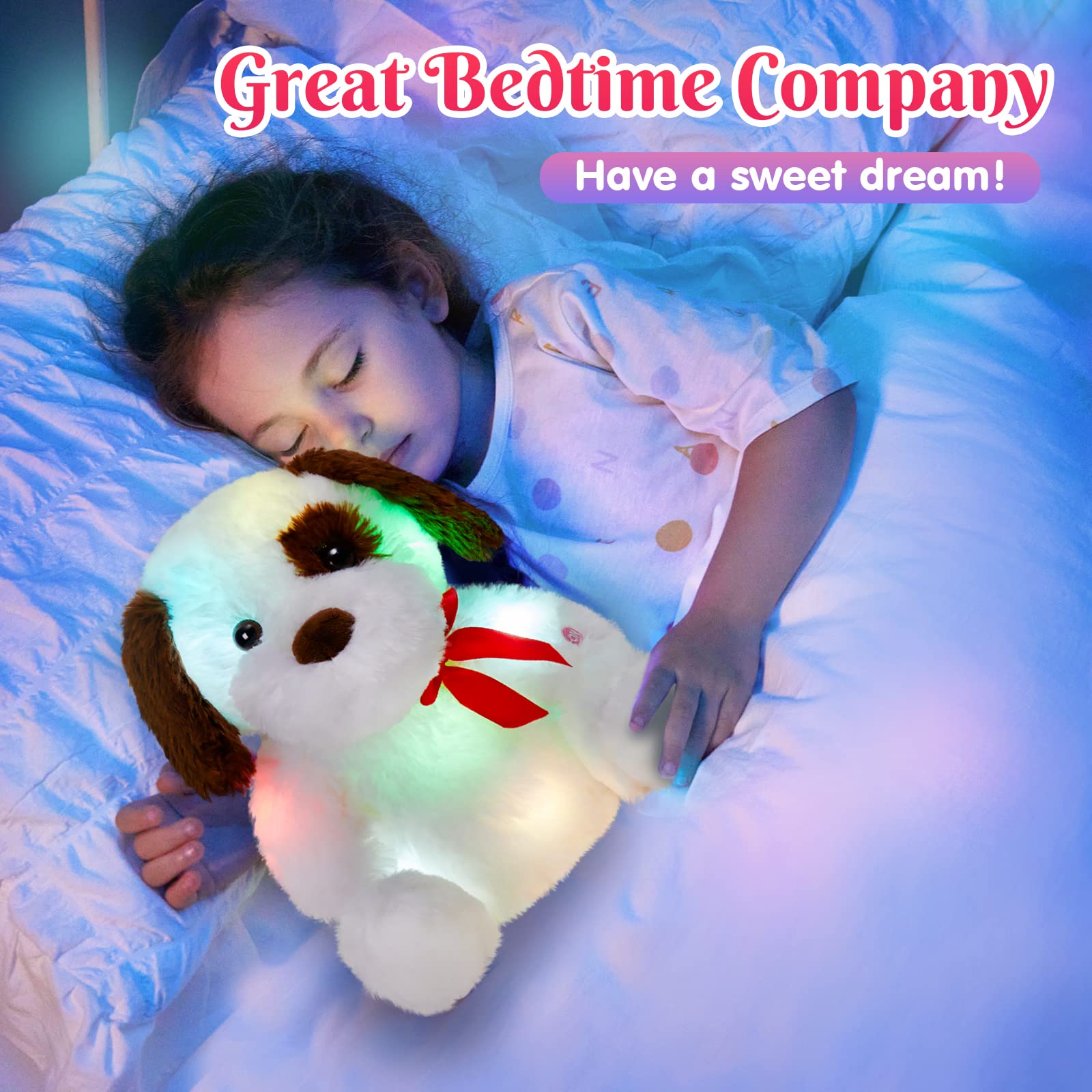 BSTAOFY 12-Inch LED Glow in The Dark Plush Puppy Toy - Soft Light Up Stuffed Animal Dog with Bow Tie, Cute Night Light for Kids Bedroom | Perfect Gift for Toddlers, Boys & Girls (Birthday, Christmas) | Bedtime Companion, Nursery Decor & Comfort Toy
