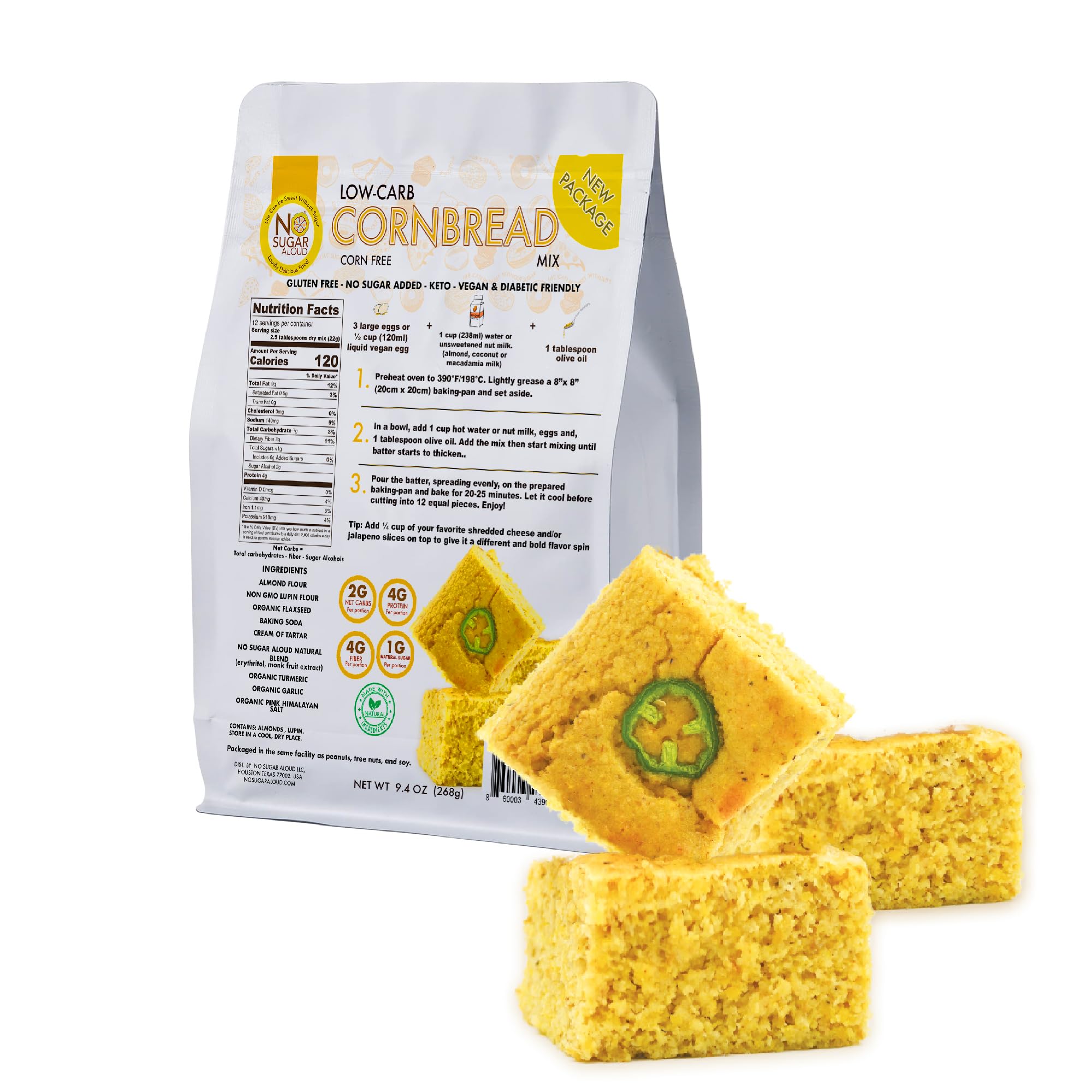 Low Carb Corn-Free Corn Bread Mix - Gluten-Free, Plant-Based Keto Bread Mix with High Protein & Fiber | Dairy-Free, Paleo-Friendly, No Artificial Flavors or Added Sugar | Perfect for Keto Diet, Weight Loss & Healthy Breakfast | 9.4 oz Pack