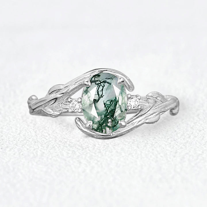 Vintage Oval Cut Moss Agate Engagement Ring with Branch Design - Perfect for Weddings, Proposals & Anniversary Gifts