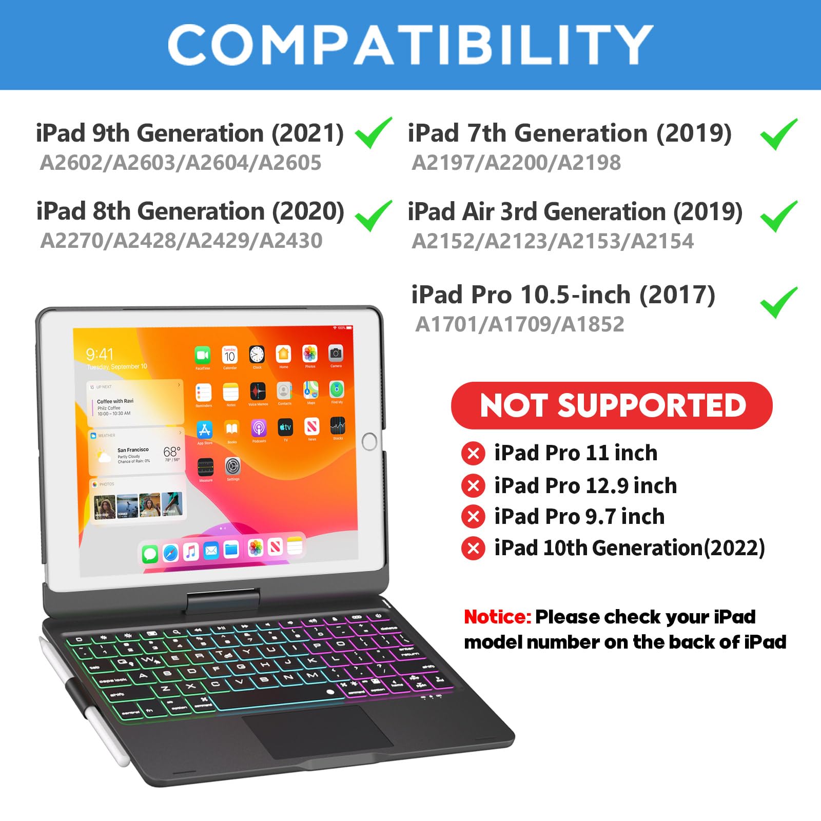 NOKBABO iPad 9th Generation Case with Keyboard - 360° Rotatable Touchpad, 7-Color Backlight & Pencil Holder for iPad 9th/8th/7th Gen 10.2