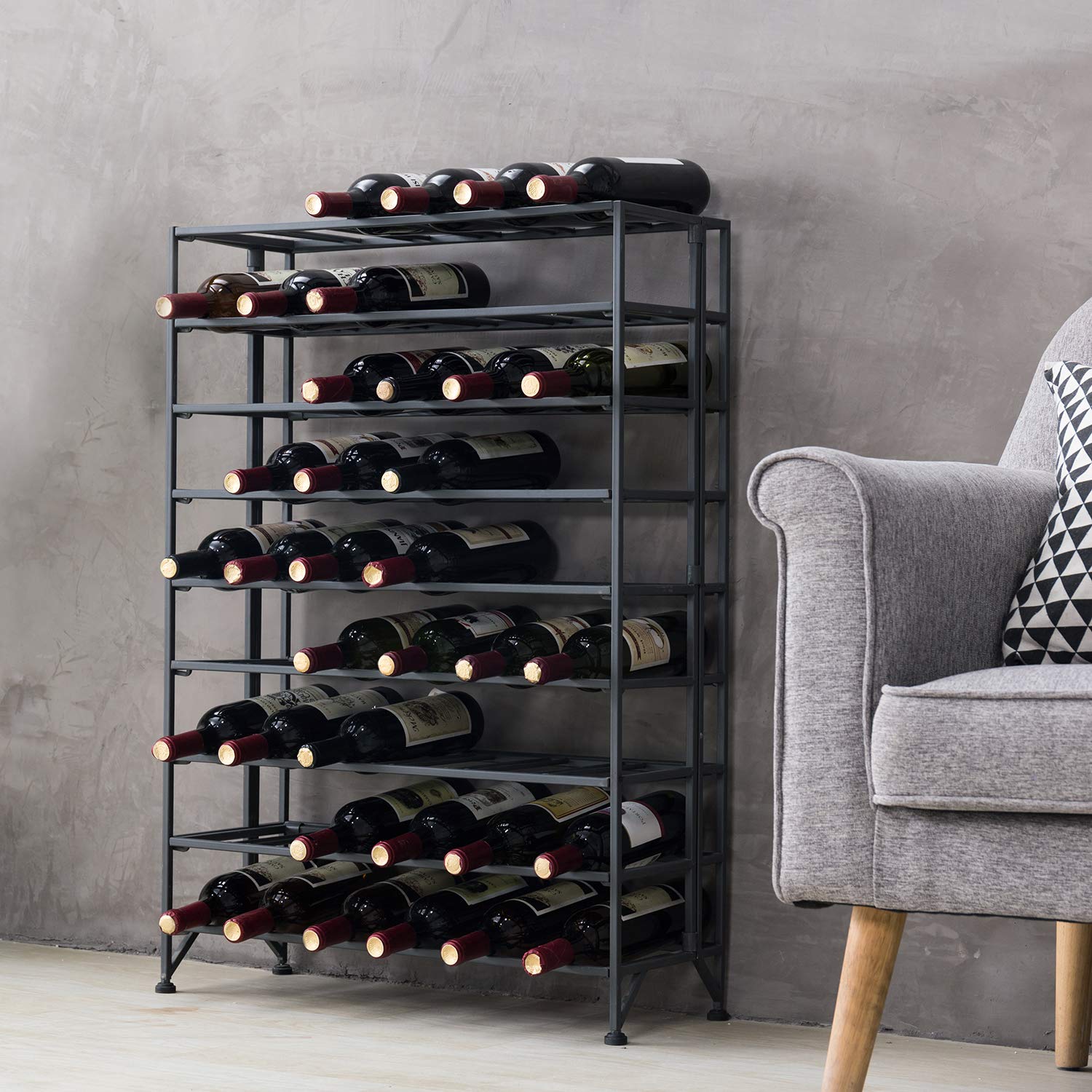 MyGift 9-Tier Freestanding Metal Wine Rack - Holds 54 Bottles, Gray Floor Standing Wine Bottle Storage Shelf for Kitchen, Dining Room, Bar or Cellar Organization