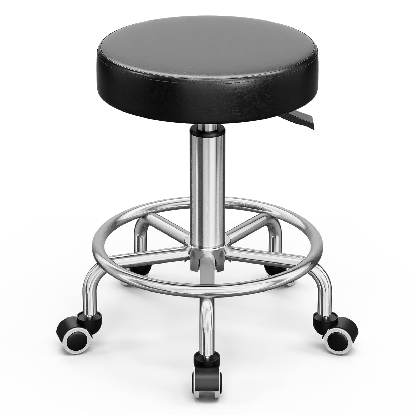 360° Swivel Rolling Stool Chair - Adjustable Height Salon & Office Chair with Wheels for Hair Styling, SPA, Medical, Drafting & Workstations - Black