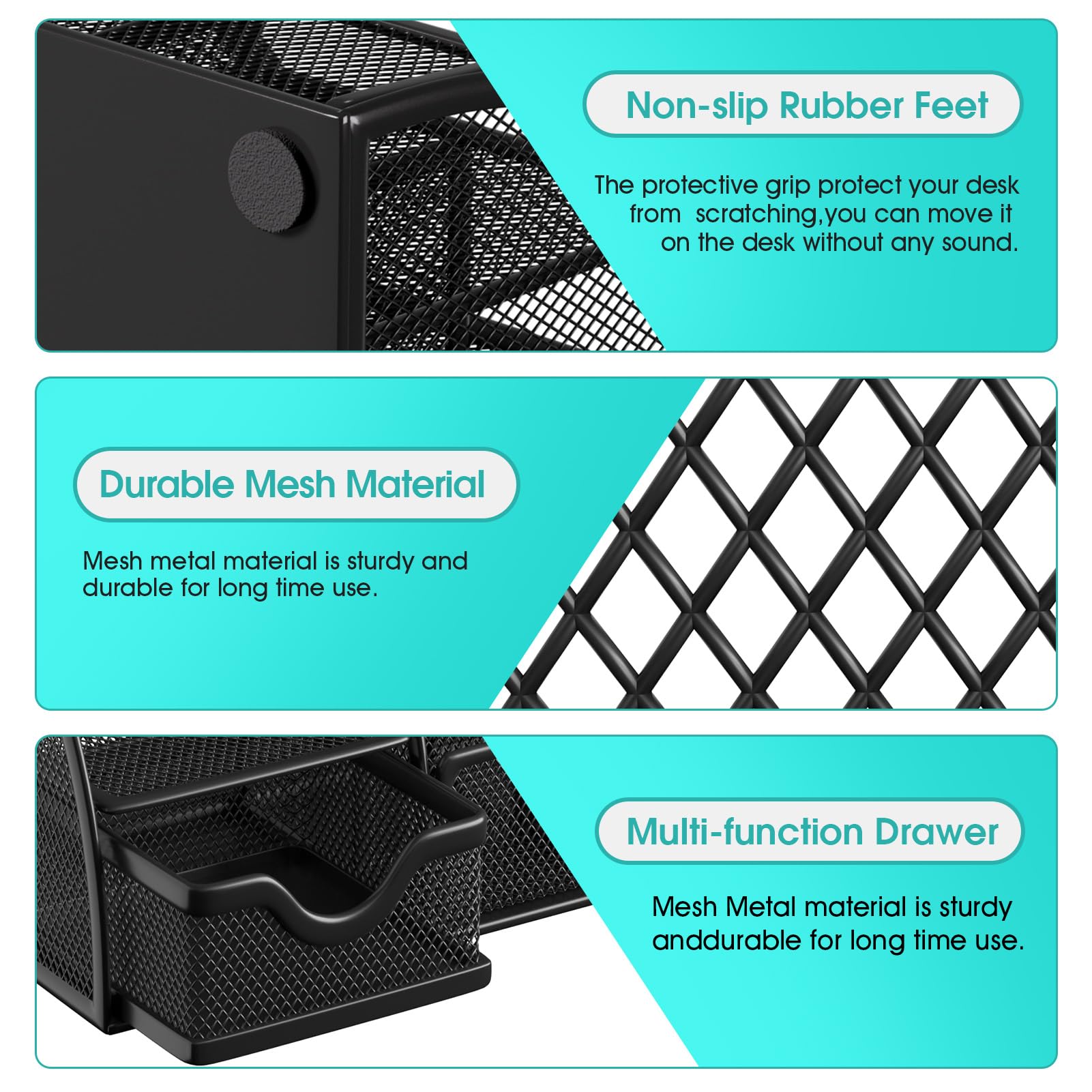 MaxGear 6-Compartment Metal Mesh Desk Organizer with Drawer - Black Office Pen Holder & Stationery Caddy with Non-Slip EVA Base (8.7