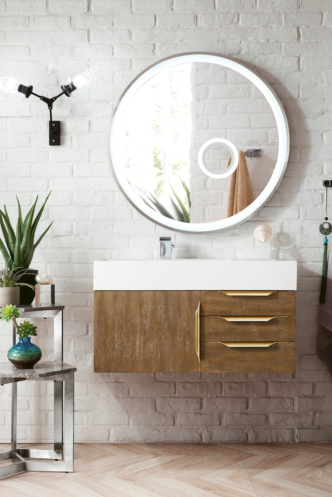 Mercer Island 36 Inch Single Bathroom Vanity in Latte Oak with Radiant Gold Hardware & Glossy White Composite Top - Perfect for Modern Home Bathroom Remodeling and Small Space Design