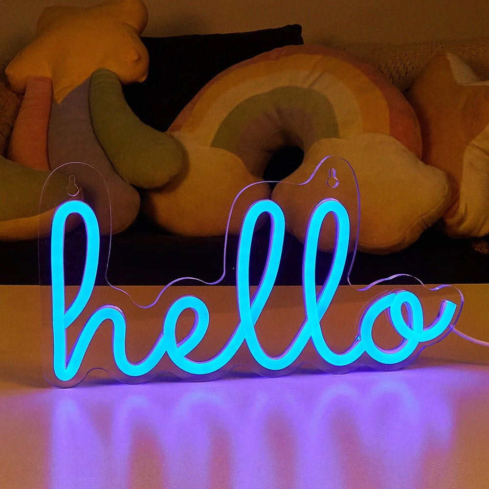 Blue Hello LED Neon Sign - Custom Wall Decor for Bedroom, Bar, Cafe & Wedding - Bright & Energy Efficient Lighting