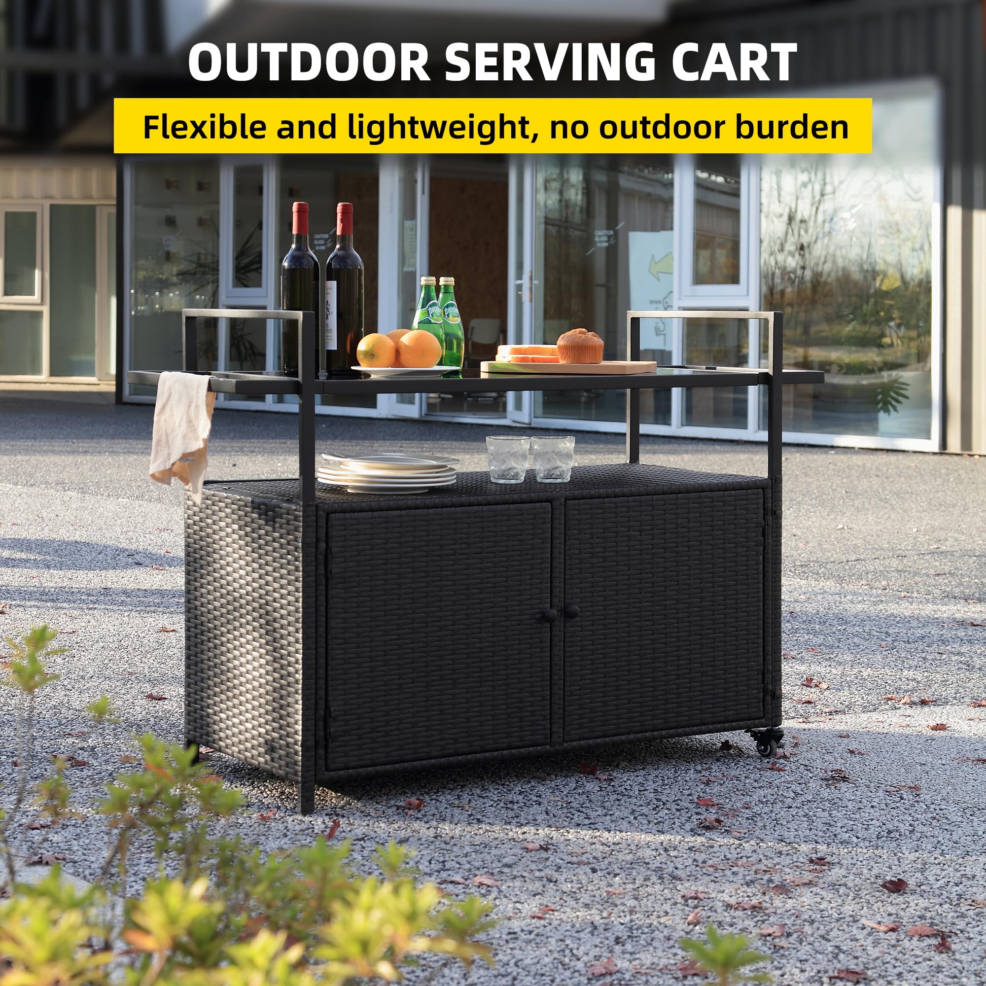 Outdoor Wicker Bar Cart with Glass Top - Rolling Portable Serving Table & Storage Cabinet for Wine, Patio, Porch, Backyard - Perfect for Poolside Parties & Outdoor Entertaining (Black)