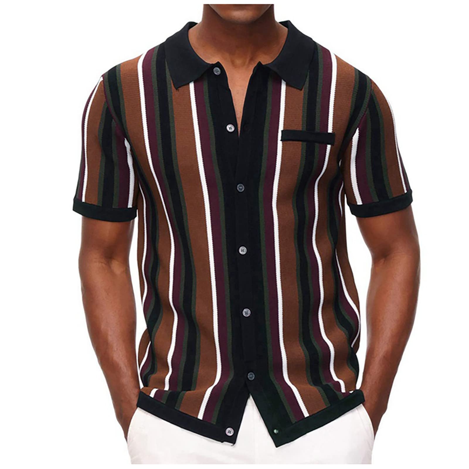 Vintage Stripe Polo Shirts for Men - Short Sleeve Knit Shirt with Lapel Collar | Casual Summer Wear, Golf Outfits & Business Casual Attire (NEE78PD)