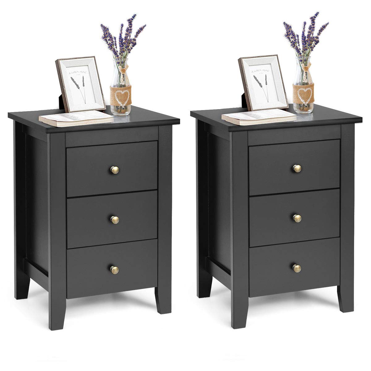 Giantex 2-Pack Nightstand Set with 3 Drawers - Solid Wood Legs Bedside Table, Storage Cabinet for Small Spaces - Perfect for Bedroom, Living Room & Apartment (Black)