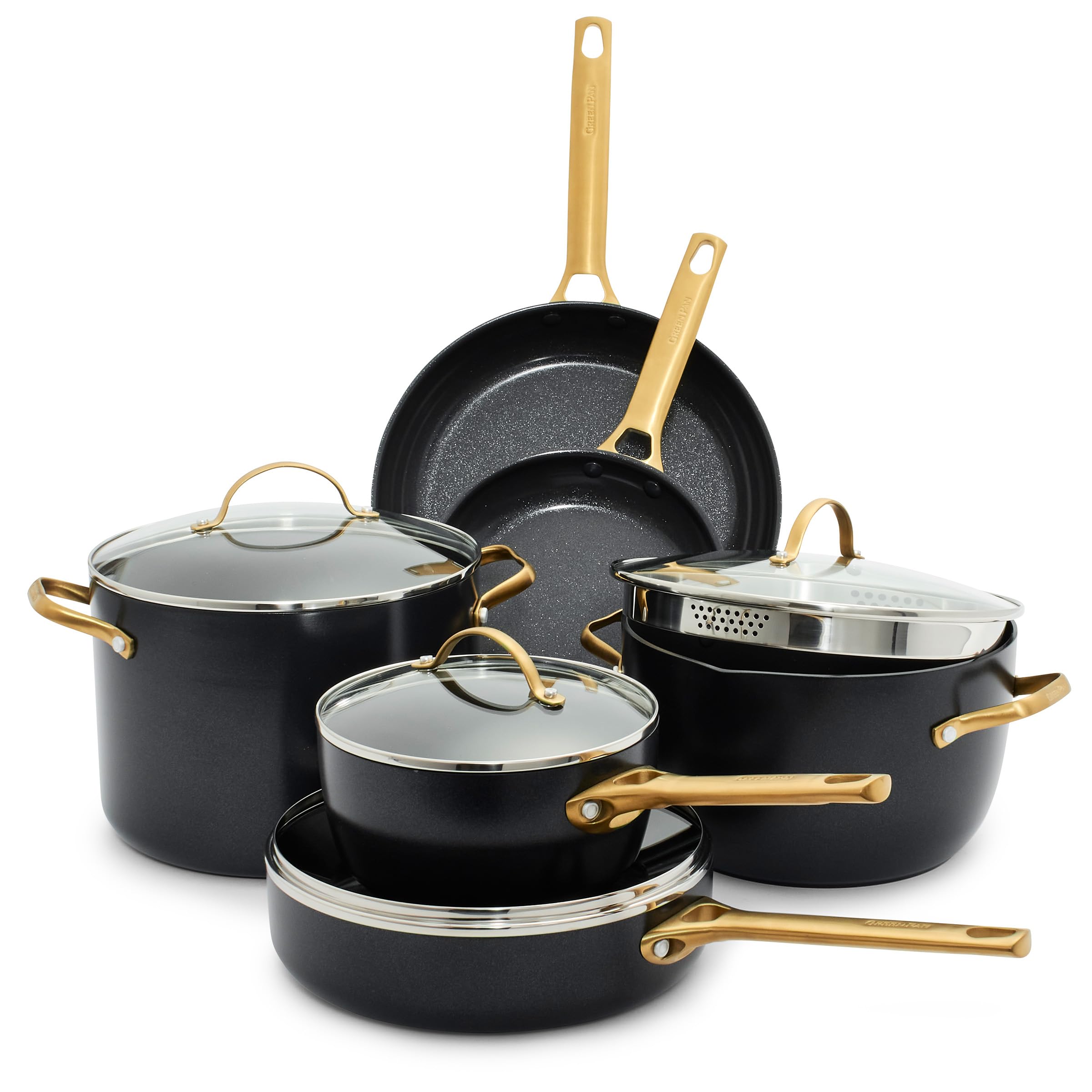 GreenPan Reserve Hard Anodized Healthy Ceramic Nonstick 10-Piece Cookware Set with Gold-Tone Stainless Steel Handles - PFAS & PFOA-Free, Dishwasher, Oven & Broiler Safe - Perfect for Everyday Cooking, Family Meals & Professional Chefs