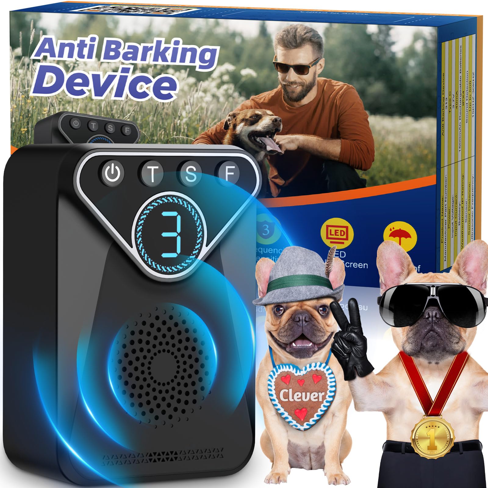 Rechargeable Dog Bark Deterrent Device - 9 Modes Anti Barking Control for Indoor Training Up to 50 Ft Range | Safe & Effective Behavior Aid for Dogs | Perfect for Home, Yard & Neighborhood Use