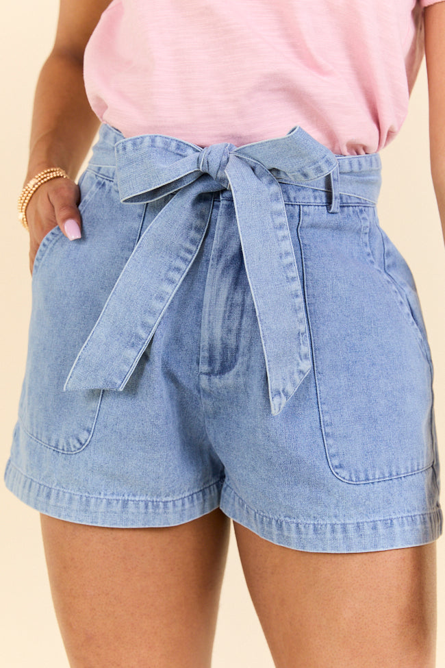 Light Wash Belted Denim Shorts for Women - High Waisted Distressed Denim Shorts with Adjustable Belt | Perfect for Summer, Beach, and Casual Outfits