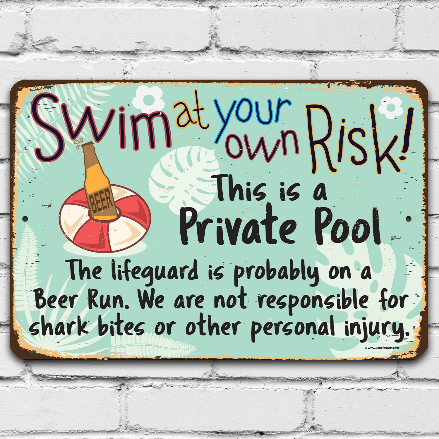 Funny Metal Pool Sign - Swim At Your Own Risk - Durable Outdoor Swimming Pool Decorations for Deck & Wall Art - Perfect for Backyard, Garden, and Pool Safety Warning Signs