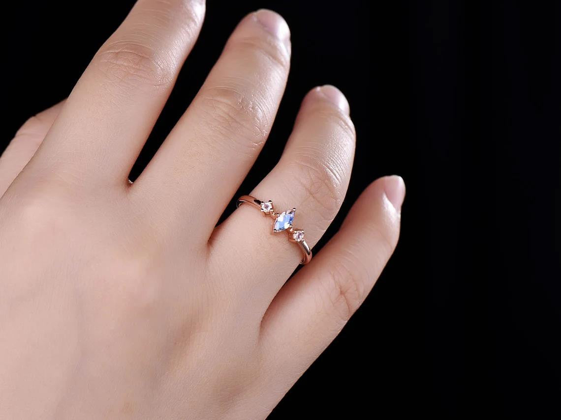Marquise Moonstone Engagement Ring - Rose Gold Three Stone Vintage Ring for Women | Perfect for Weddings, Proposals & Anniversary Gifts
