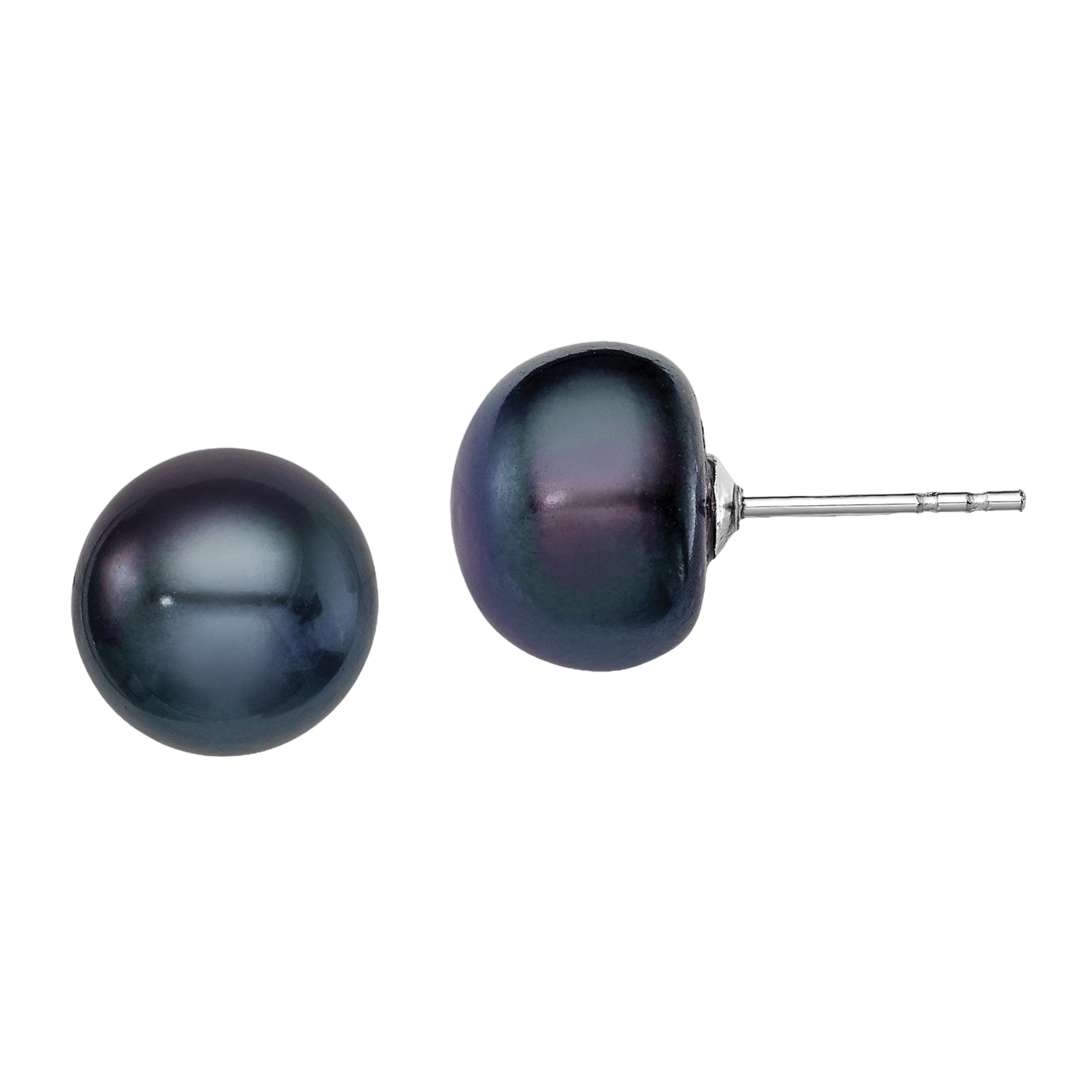 925 Sterling Silver 9mm Black Freshwater Cultured Pearl Stud Earrings for Women - Elegant Button Pearl Jewelry for Daily Wear, Parties & Special Occasions