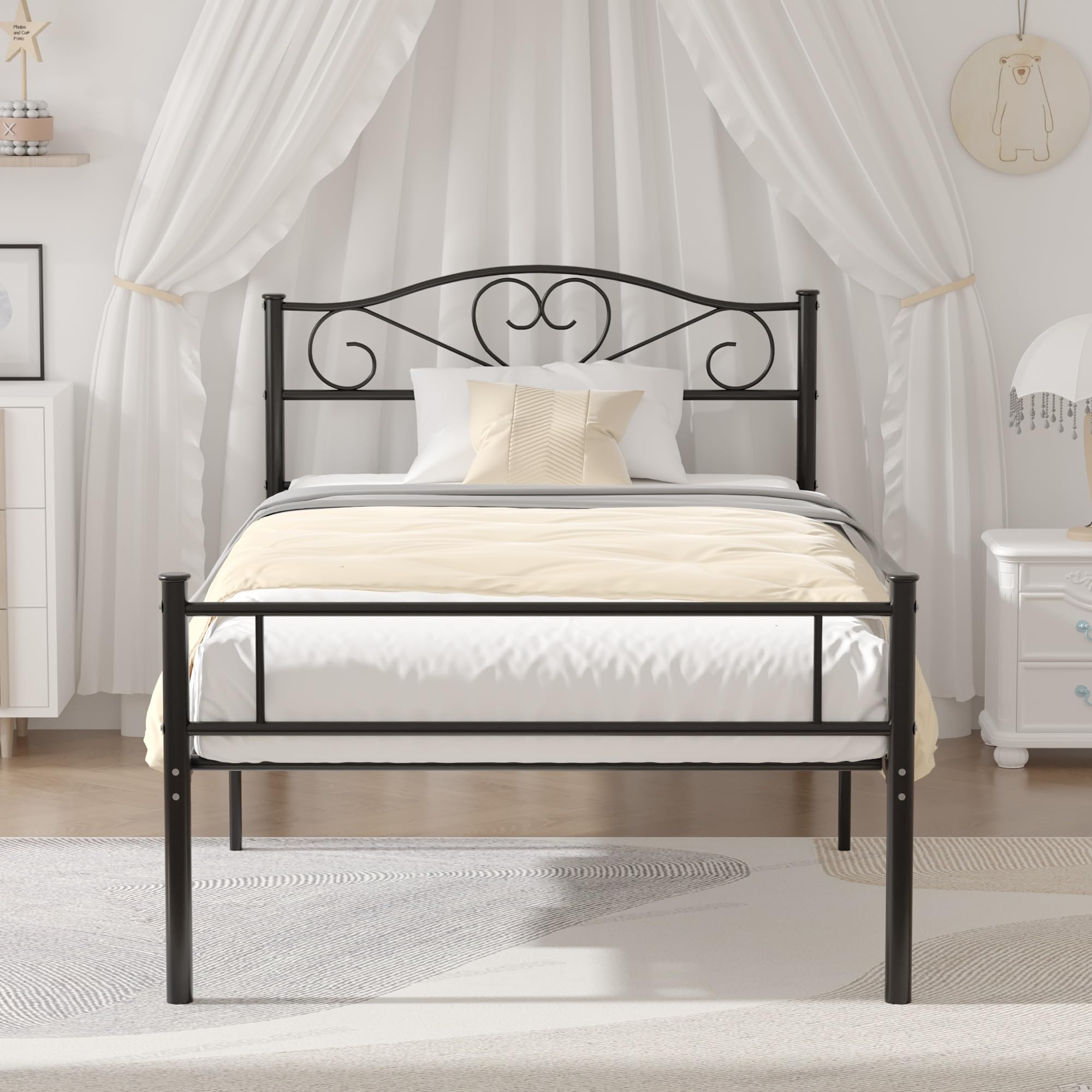 VECELO Metal Platform Bed Frame with Headboard & Footboard - Sturdy Steel Slats Mattress Foundation - No Box Spring Required - Twin Size - Matte Black - Perfect for Modern Bedrooms, Guest Rooms & Dormitories