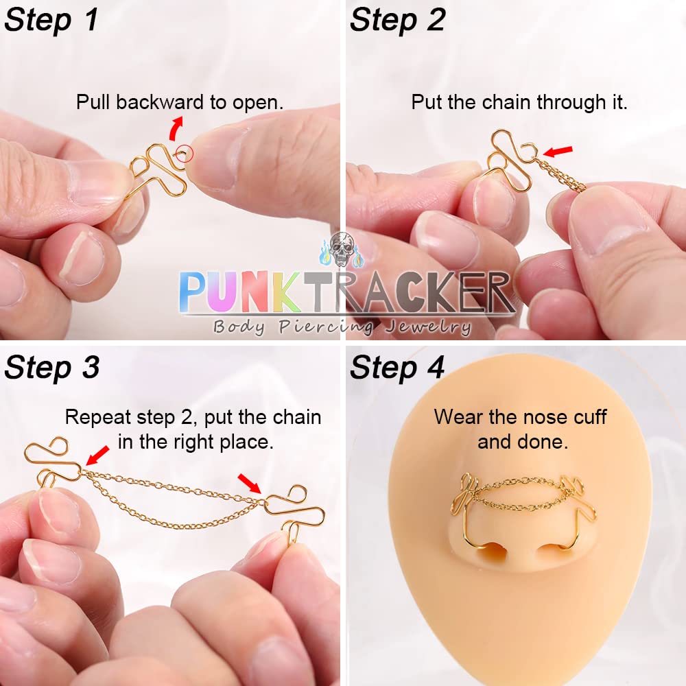 PunkTracker Fake Nose Rings for Women & Men - Stainless Steel Non-Pierced Nose Cuffs with Chain | African Gold Style Fake Nose Jewelry for Teens | Perfect for Parties, Halloween & Festival Outfits