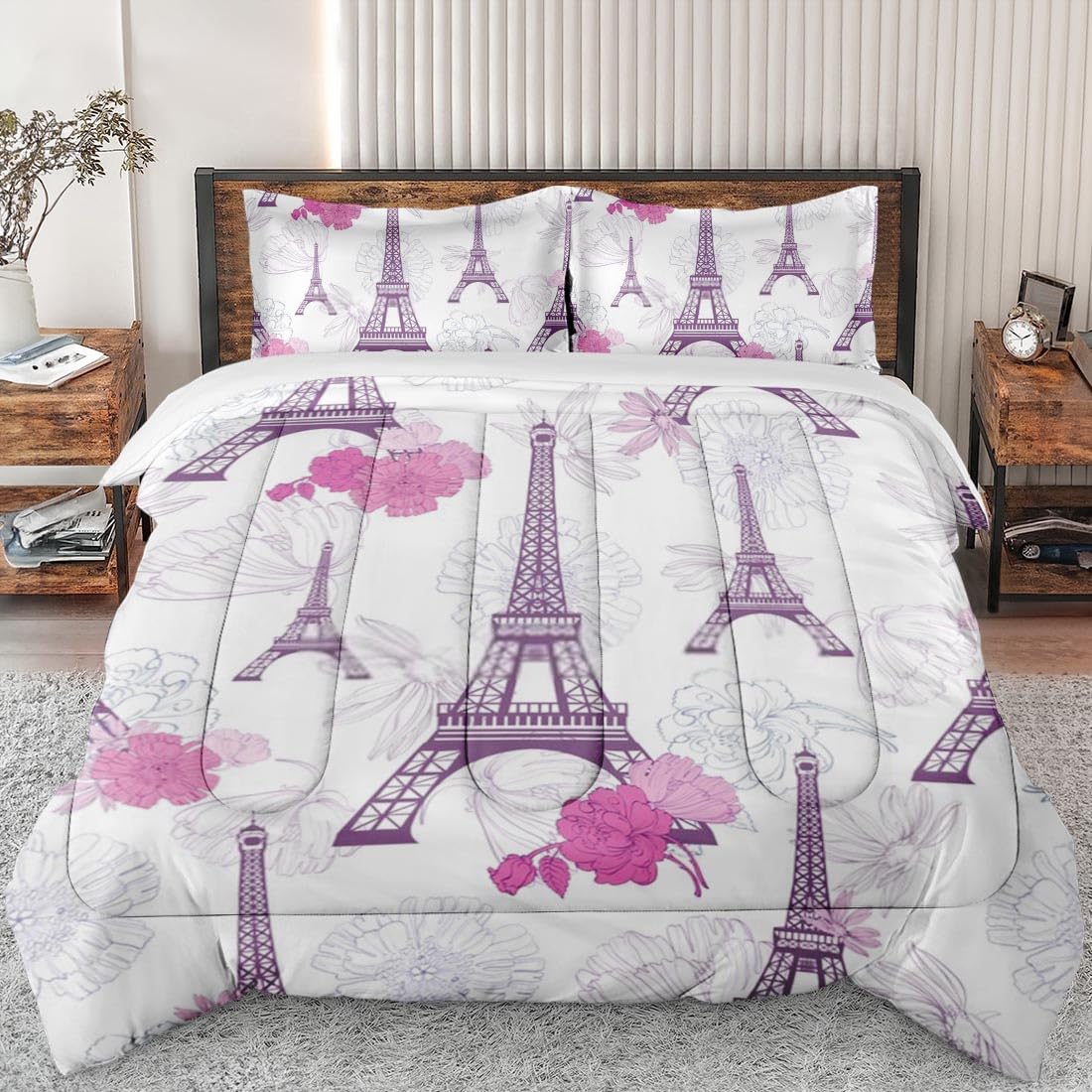 **Purple Pink Paris Themed Comforter Set Queen Size - Soft Floral Eiffel Tower Bedding for Kids & Adults, Includes 2 Pillowcases - Perfect for Bedroom Decor & Cozy Sleep**