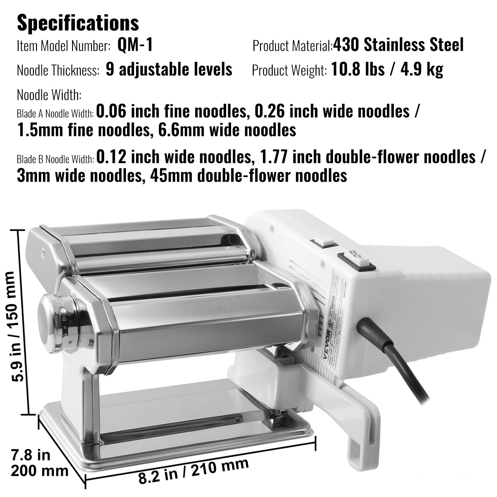 VEVOR Electric Pasta Maker Machine - 9 Adjustable Thickness Settings, Stainless Steel Noodle Roller & Cutter - Professional Pasta Making Kit for Homemade Spaghetti, Fettuccine, Lasagna - Ideal for Italian Cuisine, Family Cooking & Restaurant Use