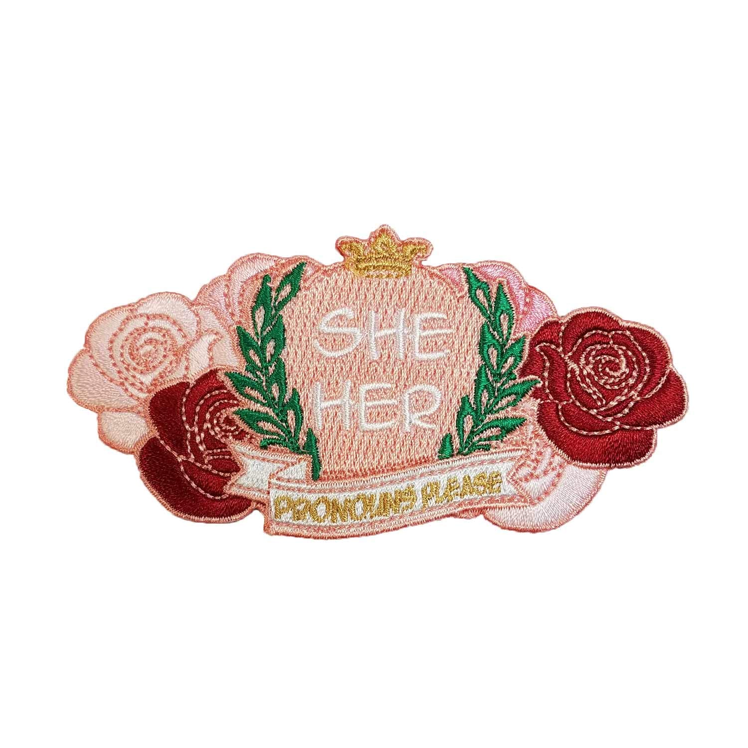 She Her Pronouns Iron On Patch - LGBTQ+ Pride Badge for Jackets, Bags & Backpacks - Gender Identity Awareness Accessory