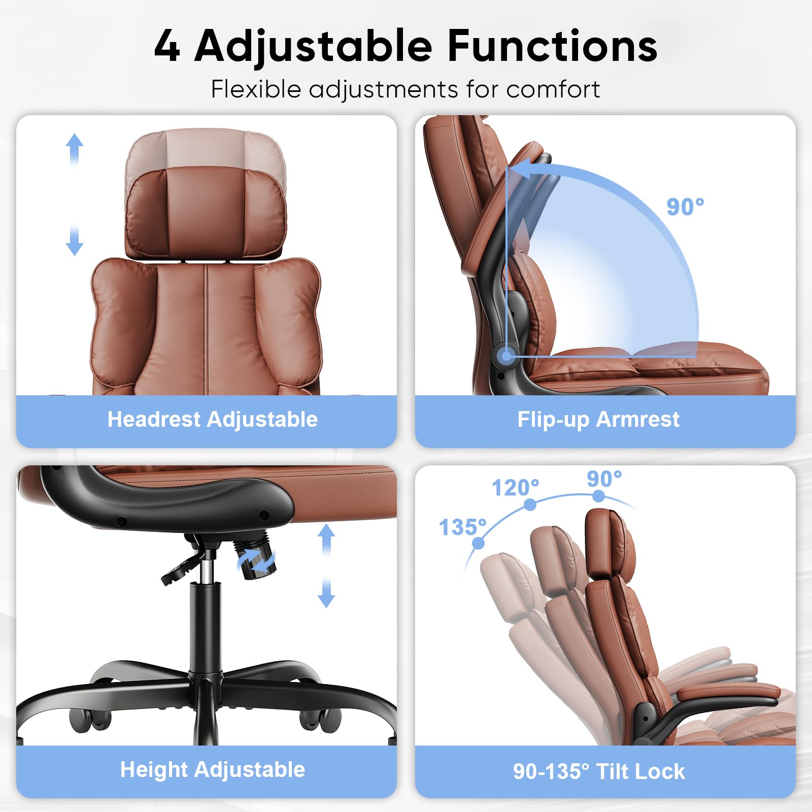 Premium Executive Leather Office Chair - Ergonomic Computer Desk Chair with Thick Cushion, Adjustable Lumbar Support, Headrest & Armrests - Brown Leather High Back Chair for Home Office, Gaming & Workspace Comfort