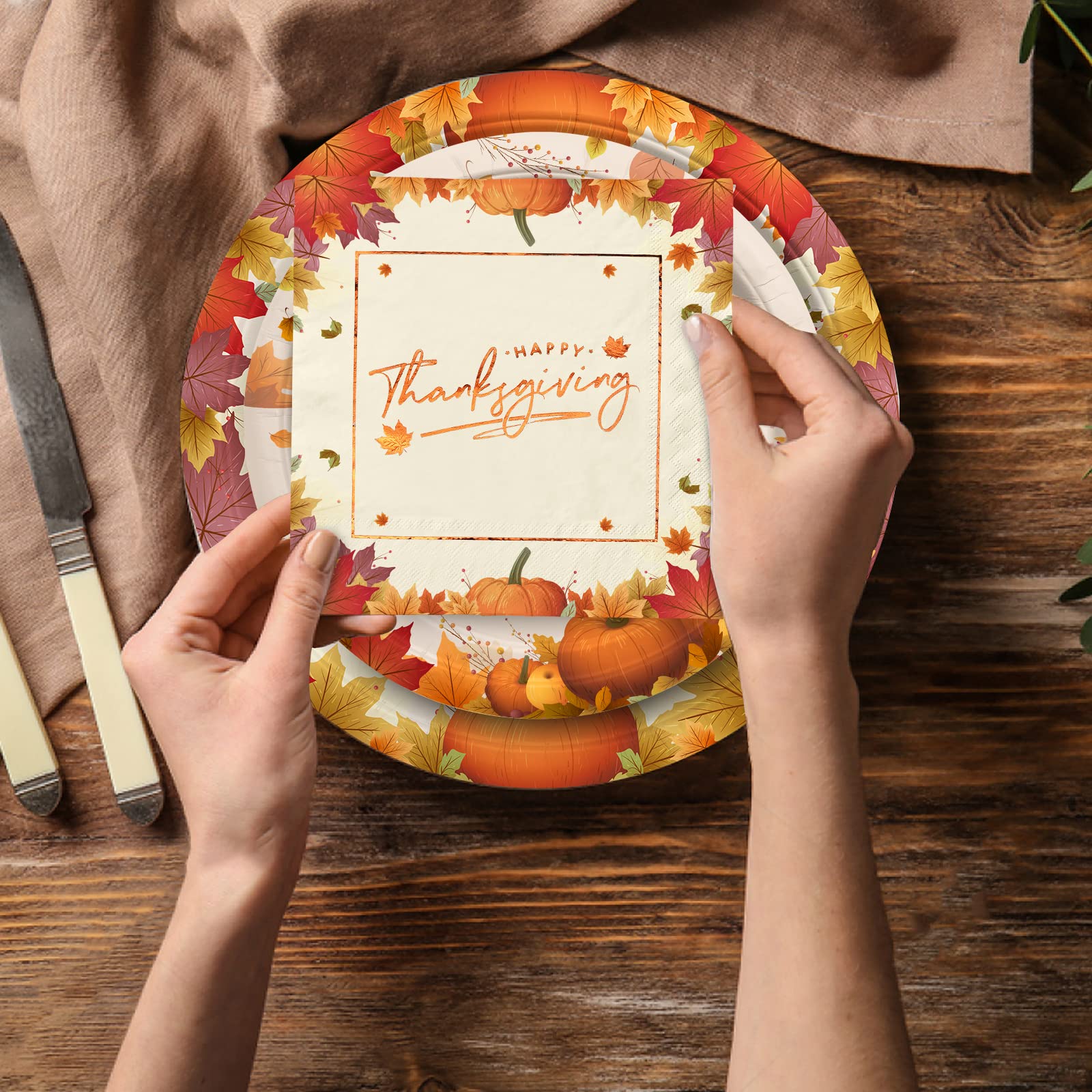 Gatherfun Thanksgiving Party Supplies - 50-Pack Maple Leaf Disposable Paper Plates & Napkins Set for Thanksgiving Dinner, Fall Decorations | Perfect for Autumn Gatherings, Harvest Feasts & Holiday Celebrations