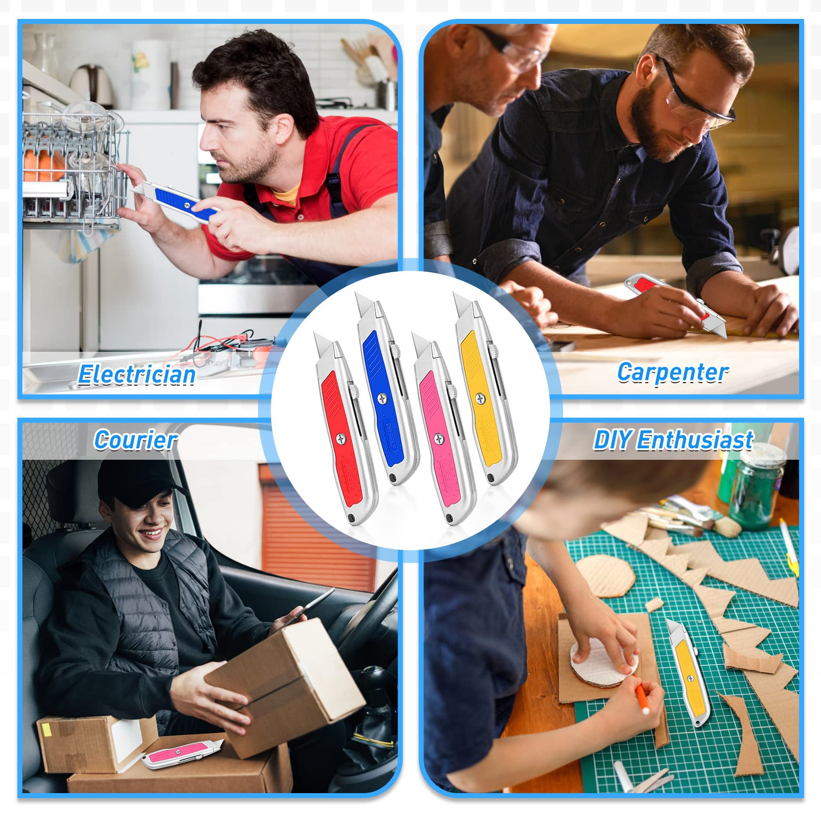 DIYSELF 2 Pack Heavy Duty Retractable Utility Knife - Sharp Box Cutter for Carpet, Cardboard, Paper Cutting - Razor Knife with Safety Lock - Perfect for Warehouse, Office, Home, and Craft Projects (Blue)