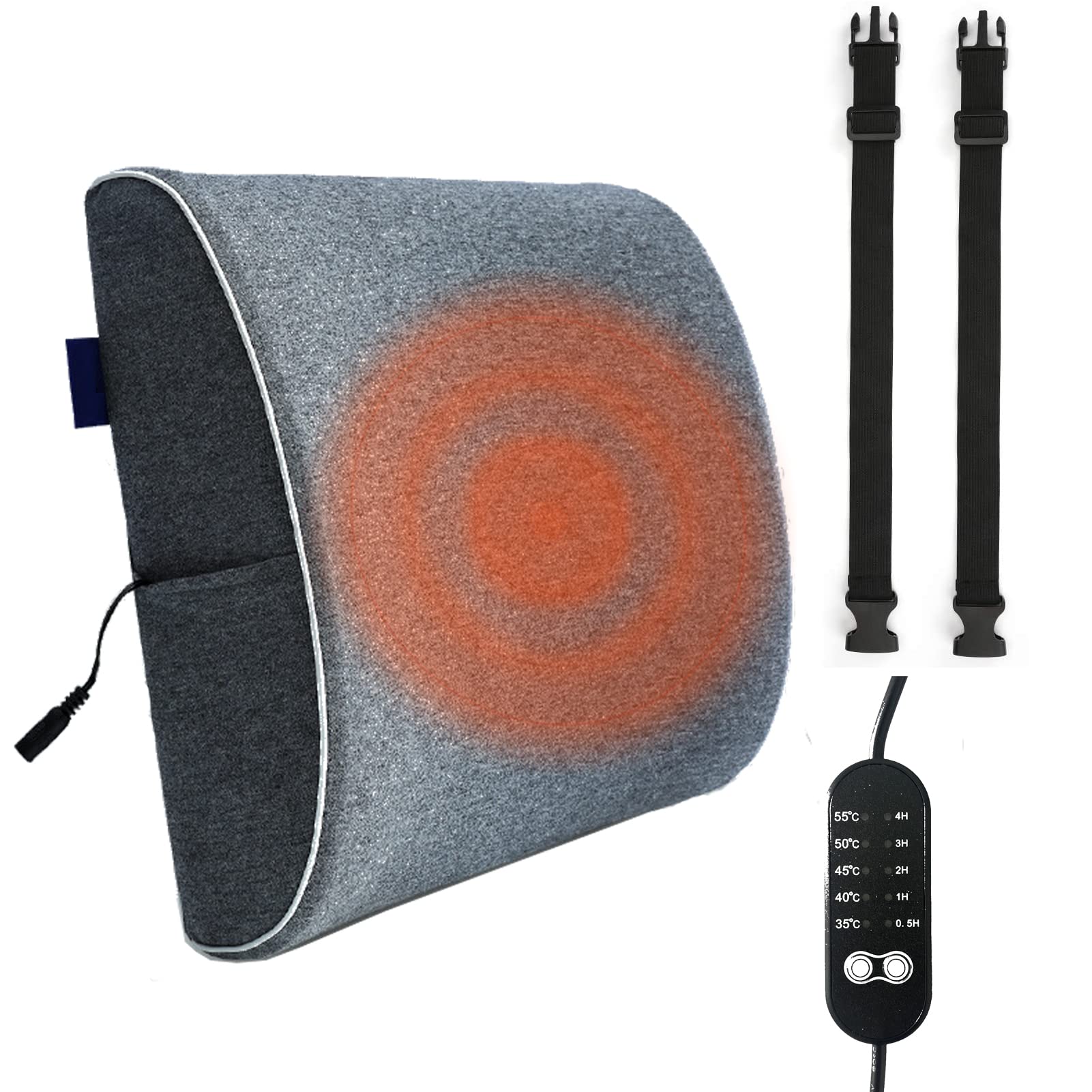 HuaJunTech Heated Lumbar Support Cushion for Office Chair - Memory Foam Back Cushion with Heating Pad - Relieves Back Pain, Sciatica & Lumbar Pressure - Perfect for Home Office, Car Seat & Gaming Chair