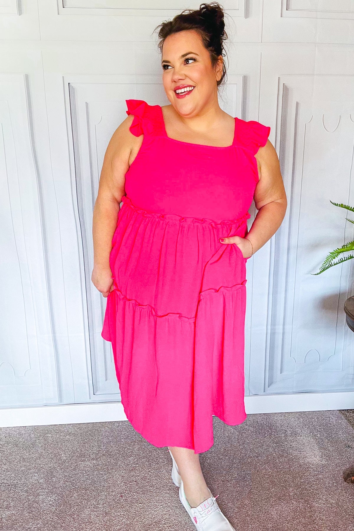 Fuchsia Smocked Flutter Sleeve Tiered Midi Dress for Women - Elegant Summer Casual & Wedding Guest Outfit