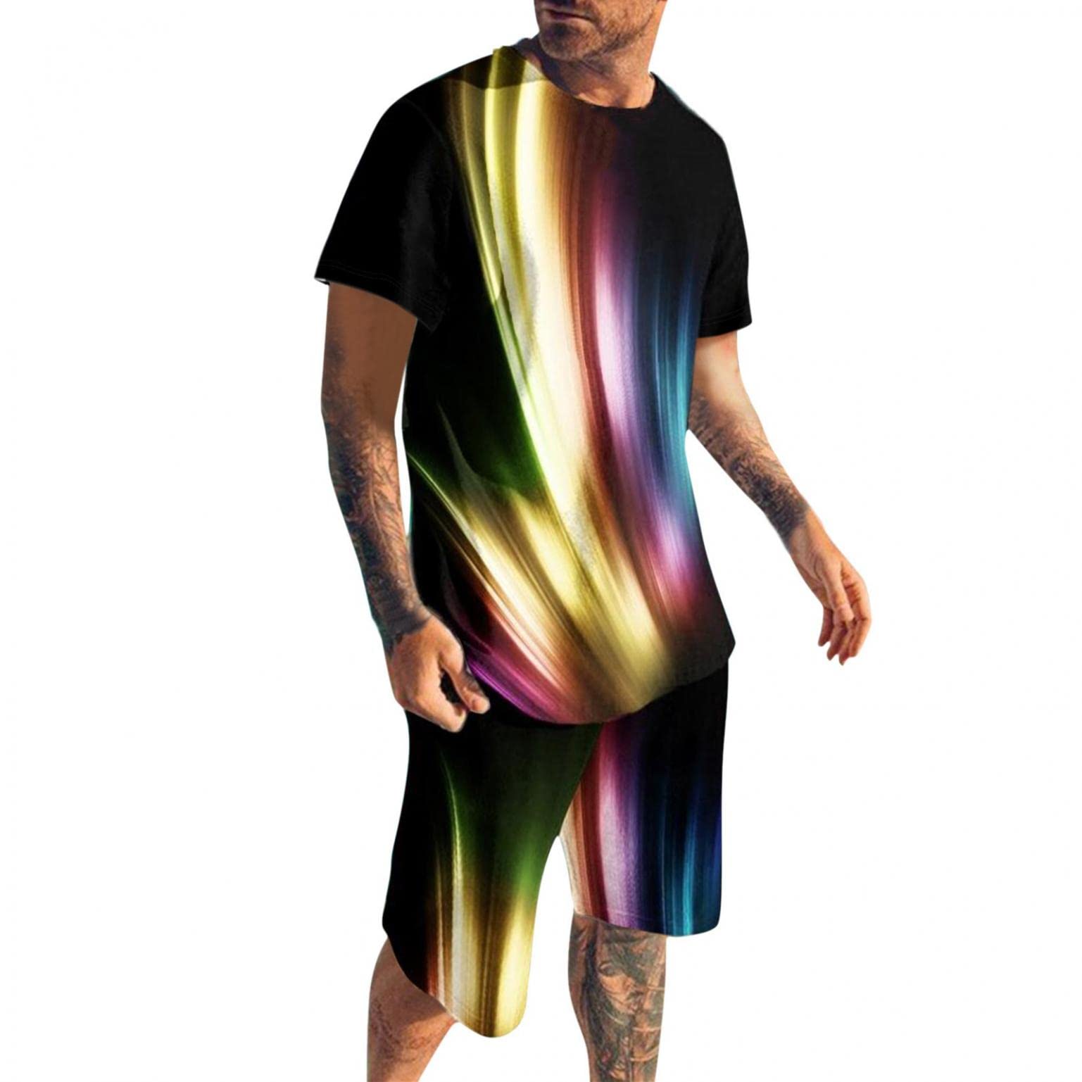 NOLDARES Men's 3D Printed Tracksuit Set - Short Sleeve Pullover T-Shirt & Athletic Shorts 2-Piece Outfit for Gym, Running & Casual Wear