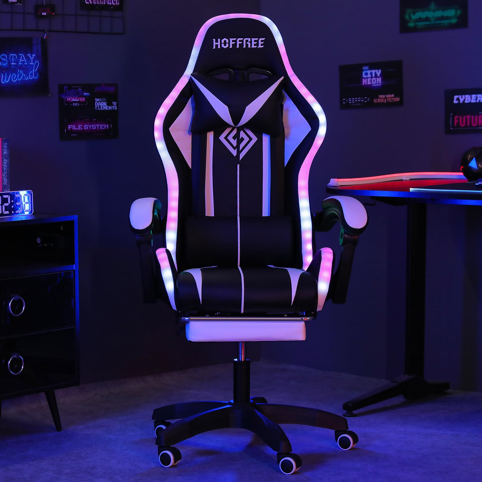 HOFFREE RGB Gaming Chair with Built-in Speakers & Massage Function - Ergonomic LED Computer Gaming Chair with Adjustable Footrest & High Back Support - Perfect for PC Gaming, Streaming & Office Work (White & Black)