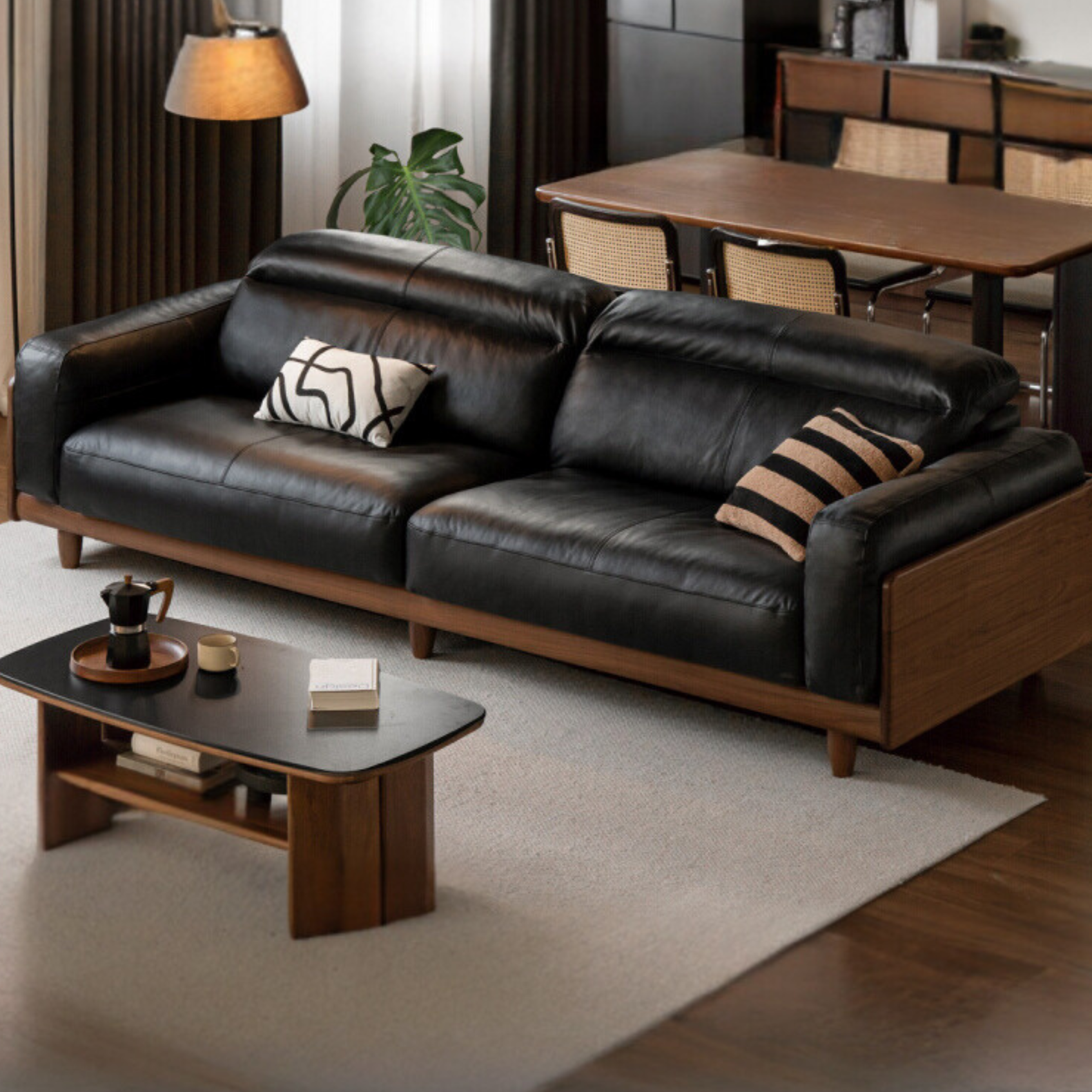 Premium Black Walnut Solid Wood Leather Sofa - Italian Modern Luxury Living Room Furniture for Home & Office Decor