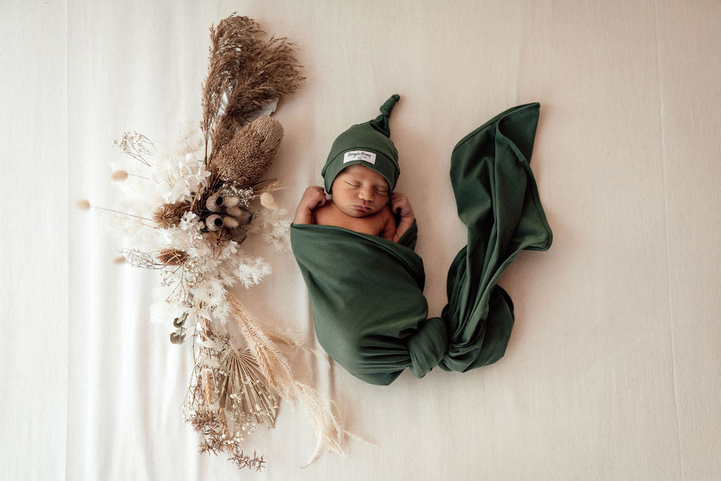 Snuggle Hunny Baby Jersey Wrap & Beanie Set - Soft Olive Green Newborn Swaddle Blanket & Hat for Cozy Sleep & Photo Shoots