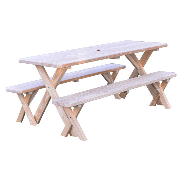 6ft & 8ft Yellow Pine Cross-Legged Picnic Table with 2 Benches - Outdoor Dining, Backyard BBQ, Park Gathering, Camping Furniture for Family & Friends