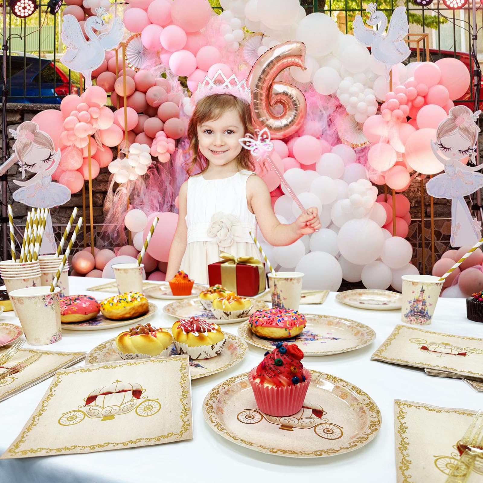 112 PCS Princess Party Plates & Tableware Set - Once Upon a Time Castle Theme Birthday Decorations with Purple Floral Napkins - Perfect for Girl's Baby Shower, Birthday Party & Princess Themed Events - Serves 16 Guests